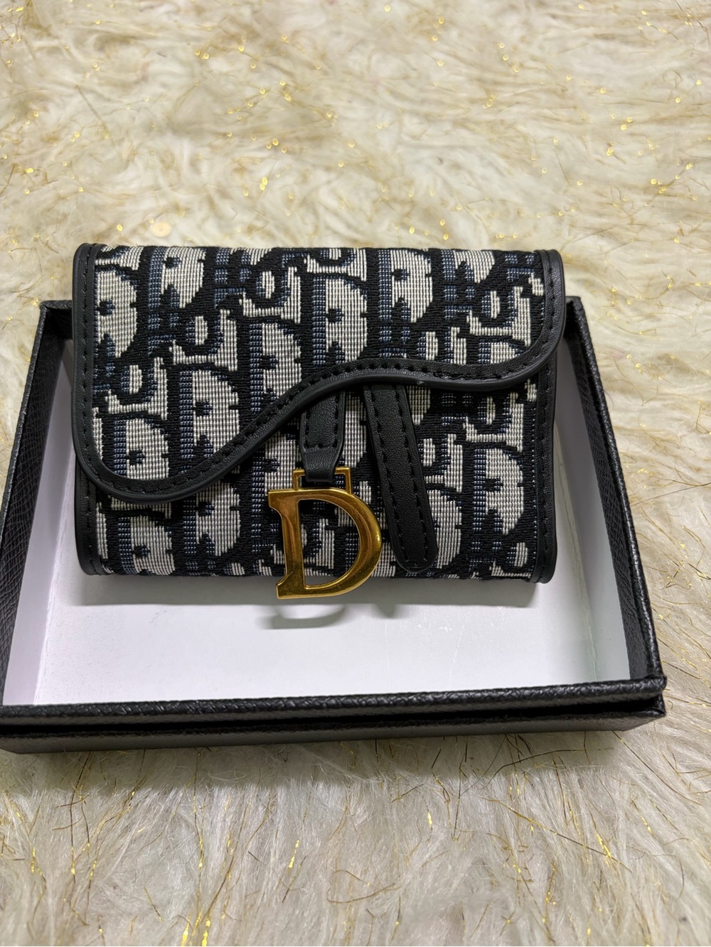 Black and White Monogram Compact Wallet with Gold 'D' Accent